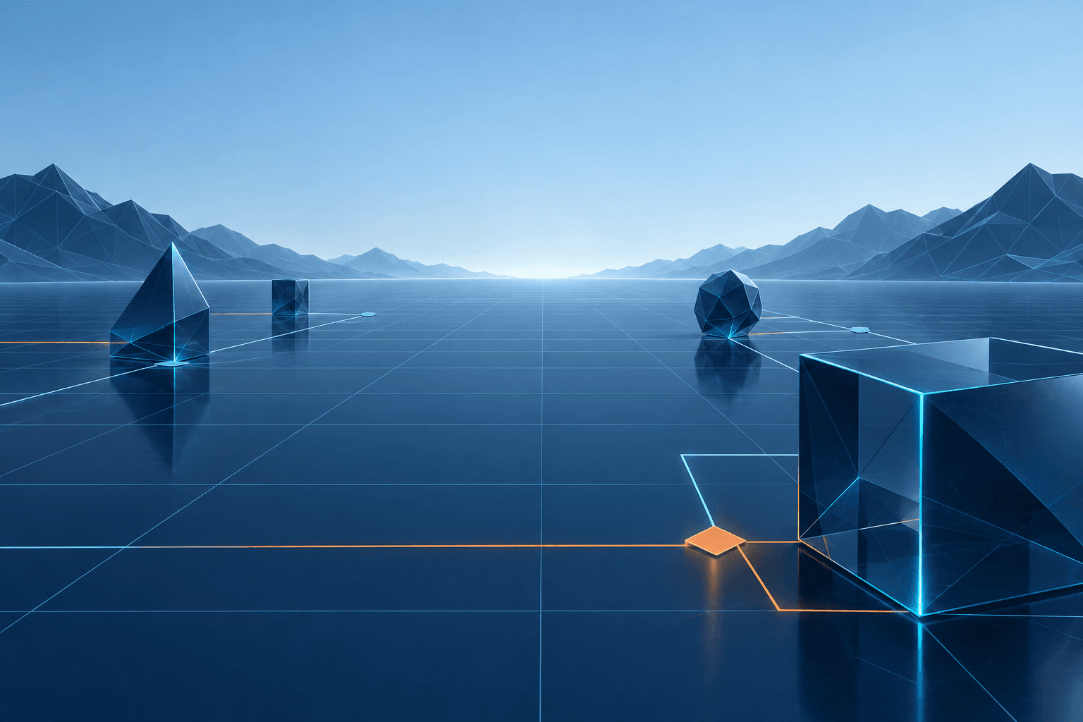 Core Schematic scenescape: filled navy glass forms and selective orange routes on a glossy perspective grid, beneath a pale sky and distant faceted mountains.